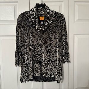 Ruby Rd Shirt Womens Petite S Black Cowl Neck Velvet Burnout Damask Holiday